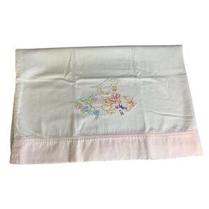 Vintage Embroidered Cat Pillowcase White Cotton with Pink Trim Floral Design 15x